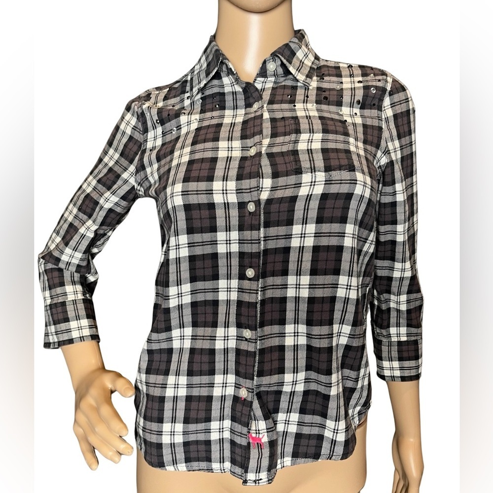 Victoria's Secret Plaid Black & White Flannel Rhinestones Size Extra Small